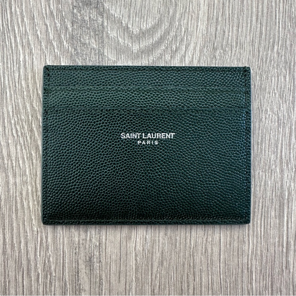 🆕 Authentic YSL Unisex Dark Green Pebbled Leather Credit Card Holder Wallet